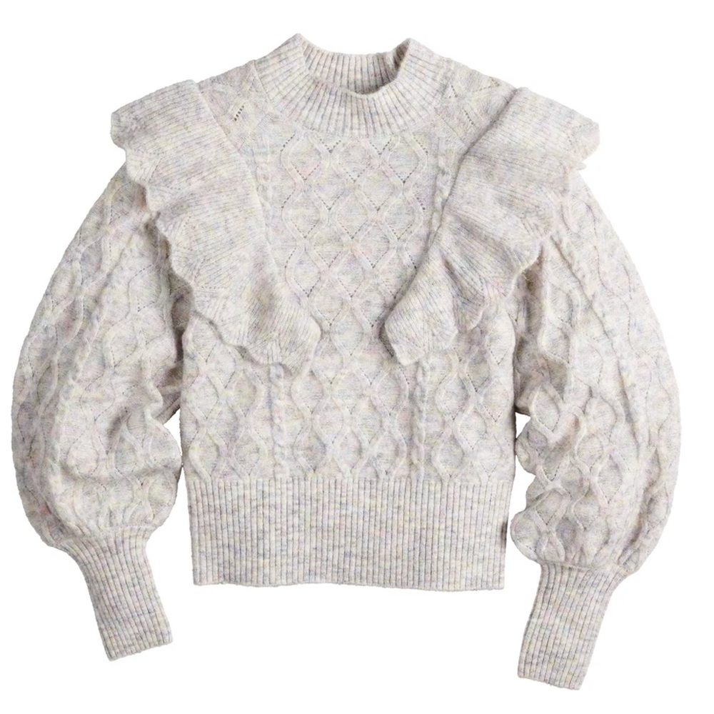 NWOT SO Ruffled Cable Stitch Mockneck Gray Spacedye Sweater